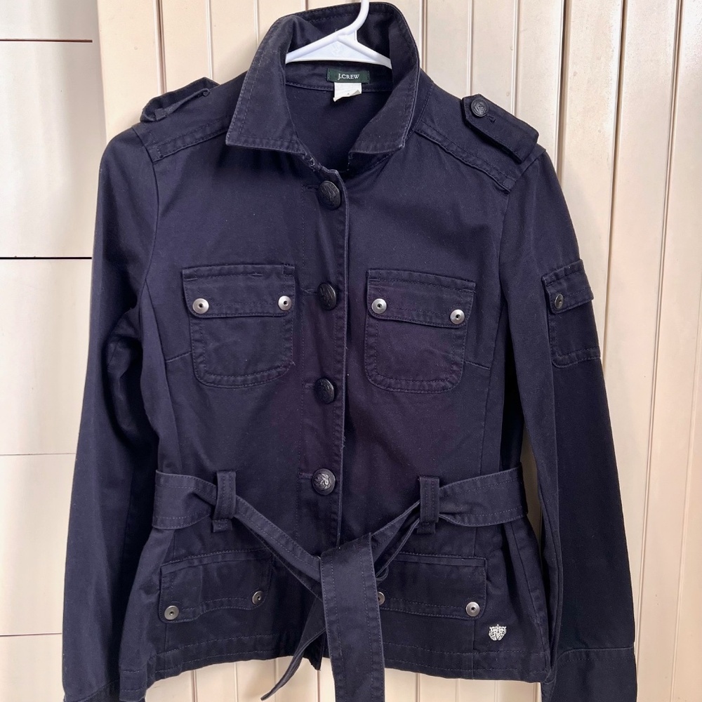 J.Crew Womens Navy Blue Cotton Belted Button Front Jacket Coat Small